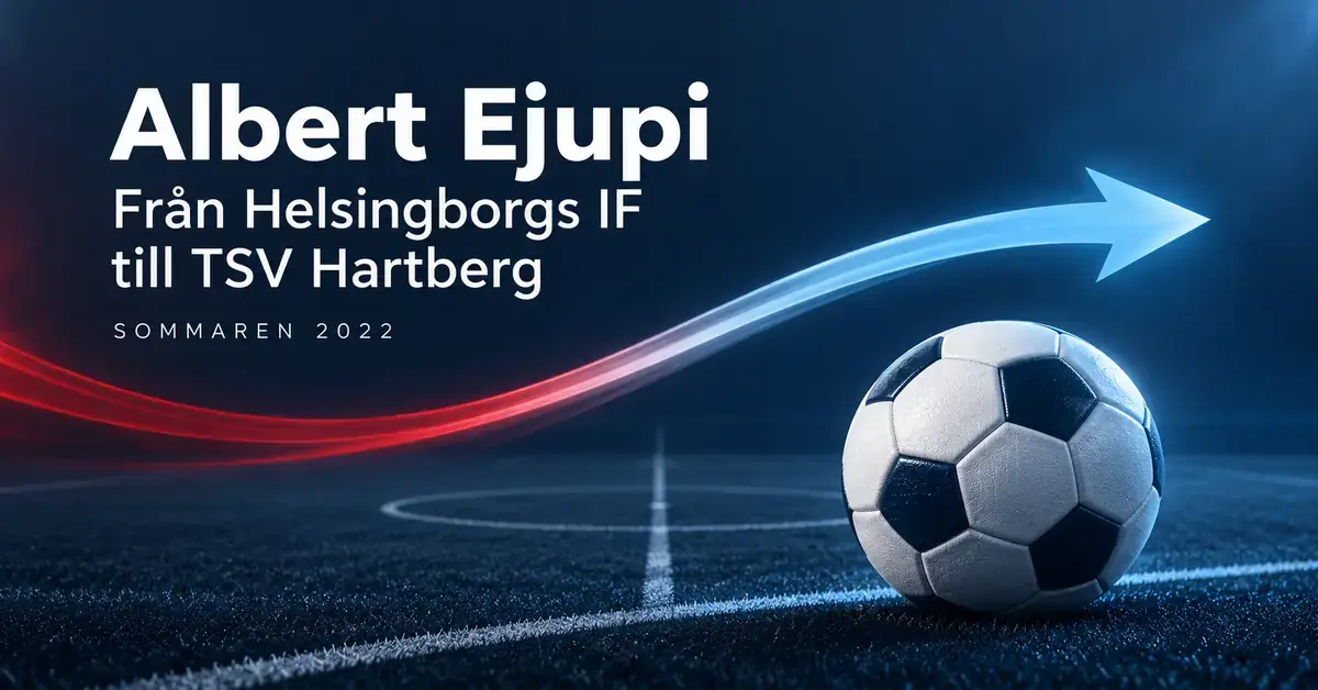 Grafik med en fotboll och en rödblå pil som symboliserar Albert Ejupis övergång från Helsingborgs IF till TSV Hartberg sommaren 2022.