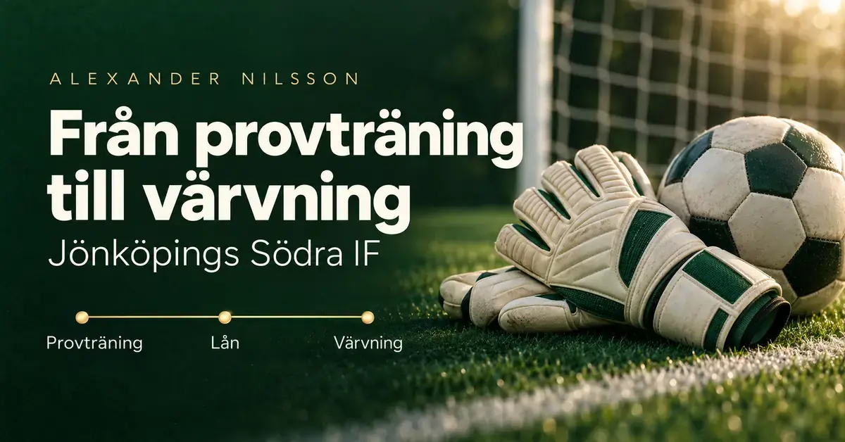 Målvaktshandskar och en fotboll framför ett mål illustrerar Alexander Nilssons väg från provträning till lån och värvning i Jönköpings Södra IF.