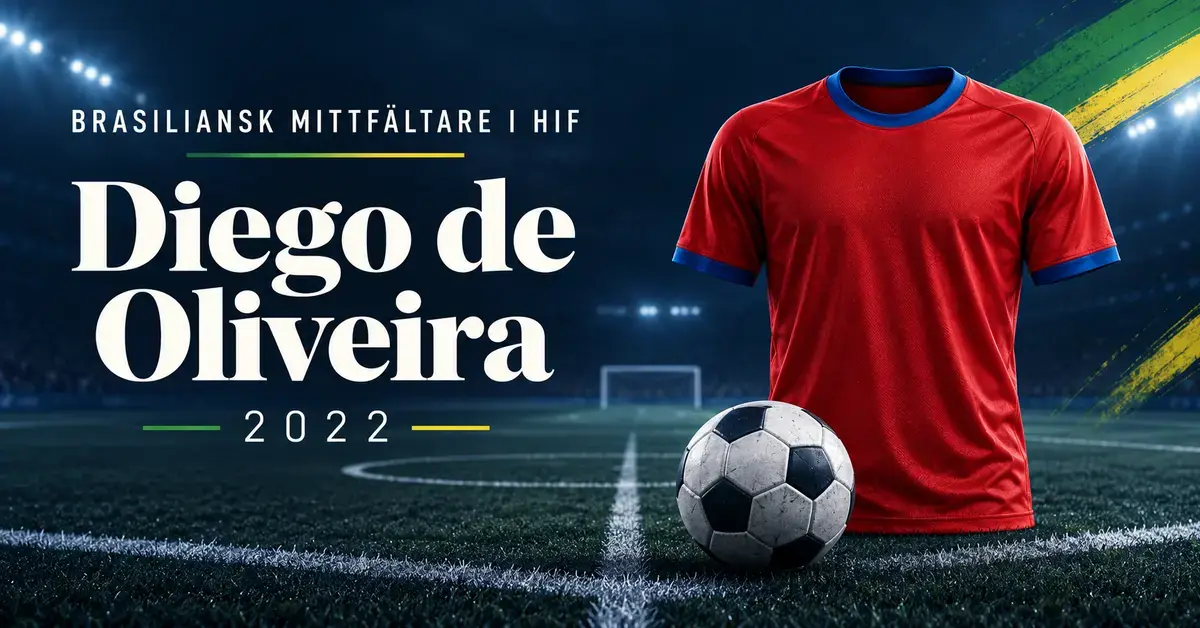 Grafik om Diego de Oliveira i HIF 2022 med en röd fotbollströja utan klubbmärke, en fotboll och gröngula detaljer mot en mörk fotbollsarena.