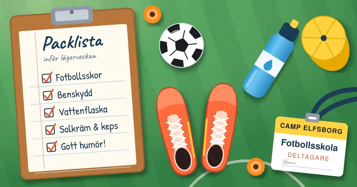 Illustration ovanifrån av en gräsplan där en skrivplatta med en avbockad packlista inför lägerveckan ligger bredvid en fotboll, ett par orange fotbollsskor, en vattenflaska, en gul keps, träningskoner och en deltagarbricka märkt ”Camp Elfsborg Fotbollsskola”.
