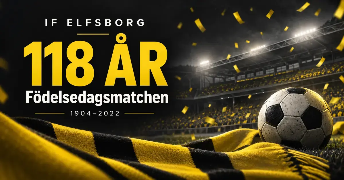 Gulsvart jubileumsbild med texten ”IF Elfsborg 118 år – Födelsedagsmatchen 1904–2022”, en fotboll, en halsduk och en upplyst fotbollsarena.