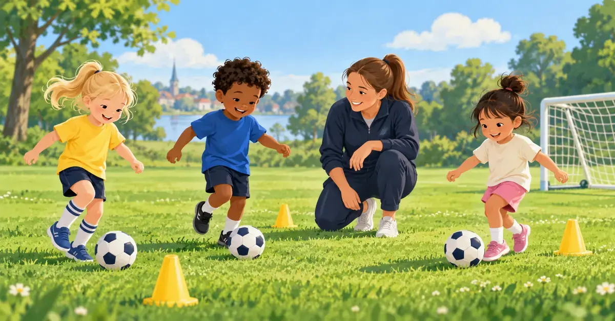Illustration av tre små barn som leker med fotbollar bland gula koner på en gräsplan tillsammans med en ledare.