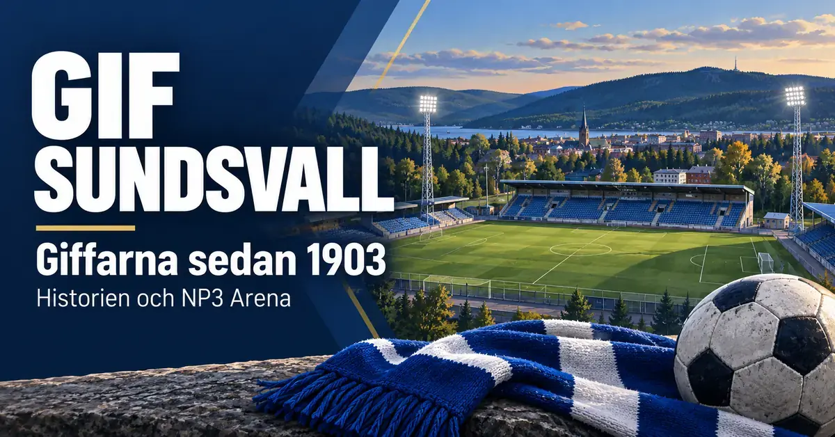 Illustration med texten GIF Sundsvall – Giffarna sedan 1903, en fotbollsarena, en fotboll och en blåvit halsduk med stad och skogsklädda höjder i bakgrunden.