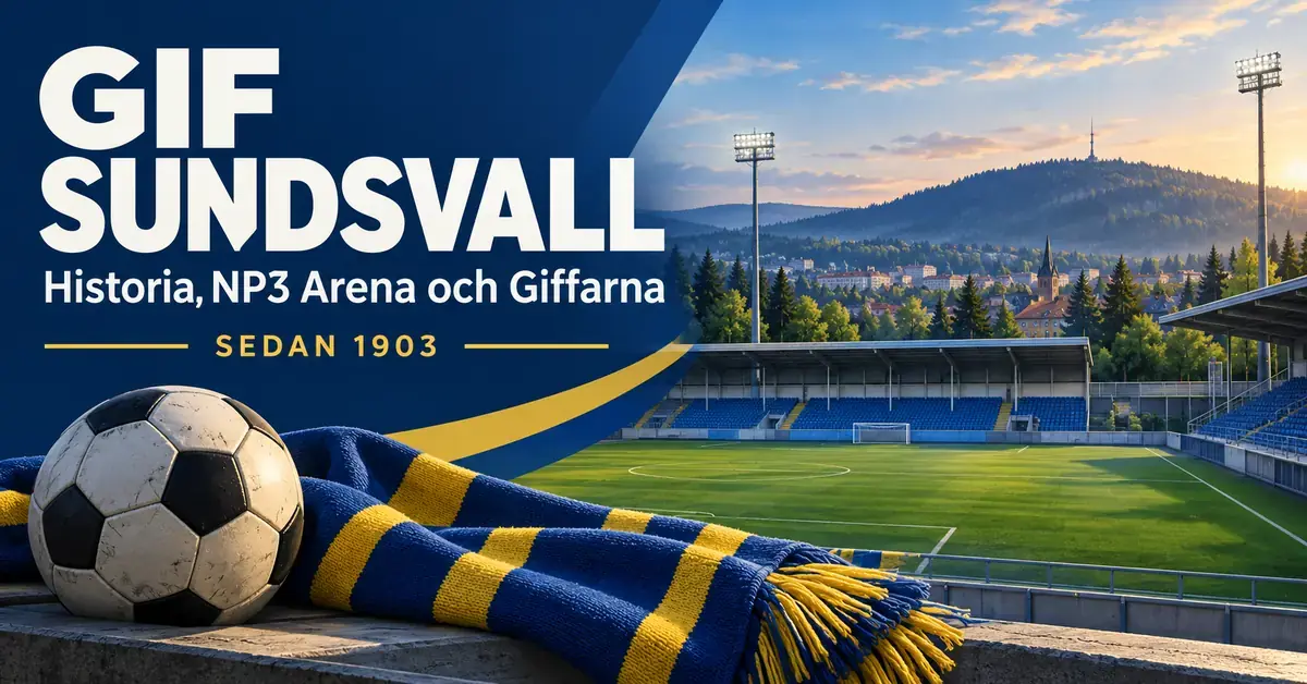 Illustration med texten GIF Sundsvall, en fotboll och en blågul halsduk framför en fotbollsarena med skogsklädda höjder i bakgrunden.