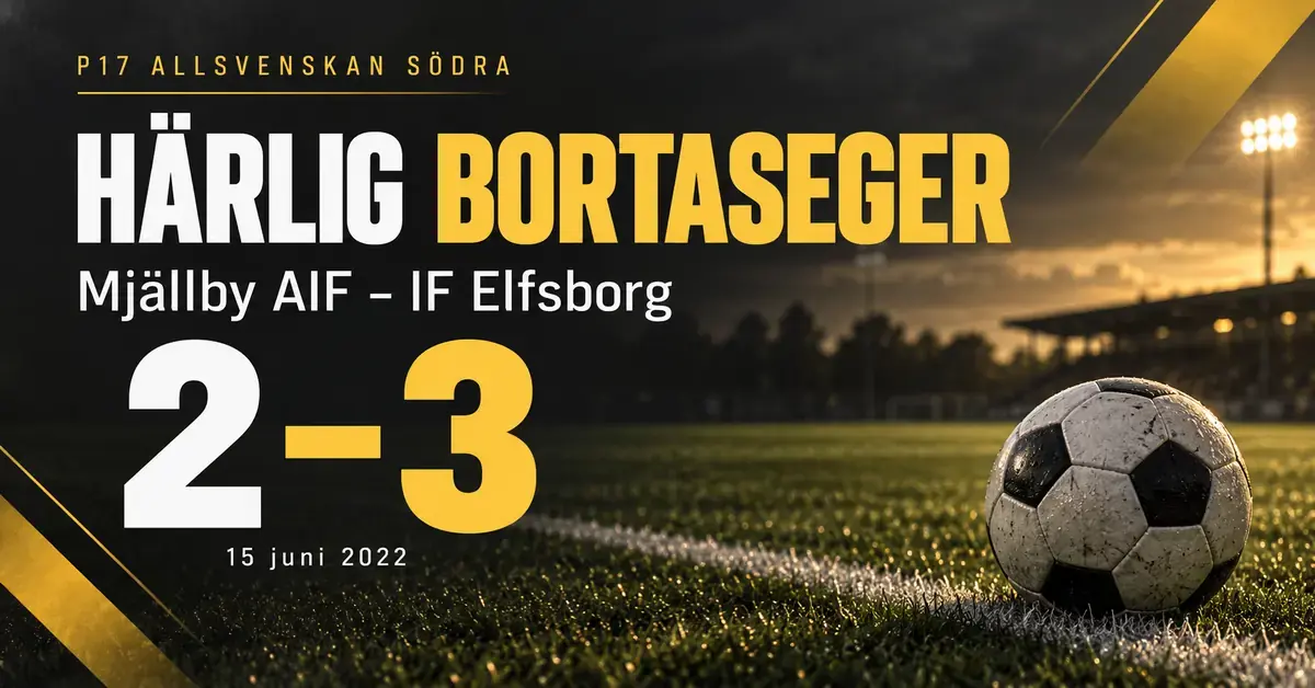 Matchgrafik med en fotboll på en plan och resultatet Mjällby AIF–IF Elfsborg 2–3 i P17 Allsvenskan Södra den 15 juni 2022.