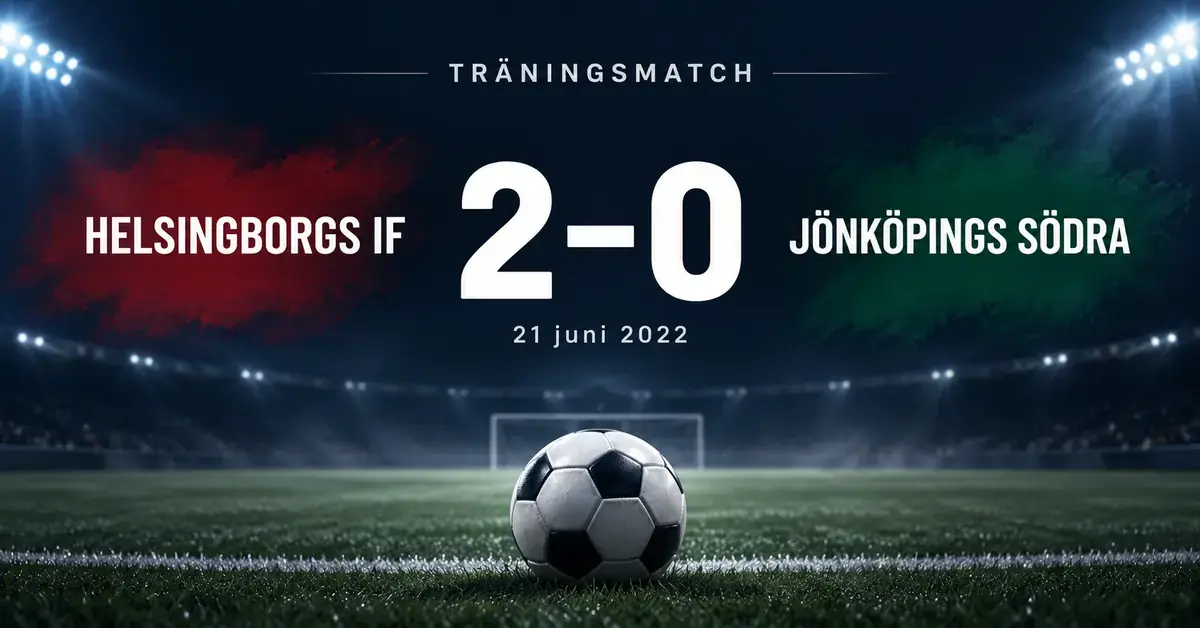 Matchgrafik med en fotboll på en upplyst plan och resultatet Helsingborgs IF–Jönköpings Södra 2–0 i träningsmatchen den 21 juni 2022.