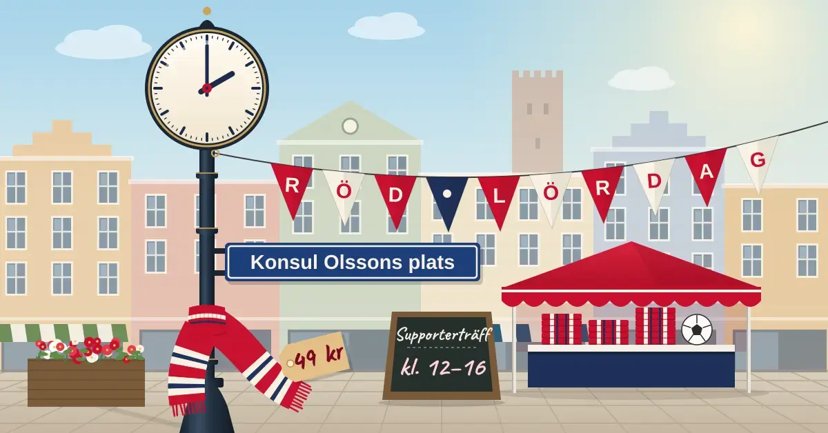 Illustration av en gatuklocka som visar klockan 14 på Konsul Olssons plats i Helsingborg, med en randig röd halsduk och en prislapp på 49 kr knuten runt stolpen, en vimpelgirlang med texten ”Röd Lördag”, en gatupratare med texten ”Supporterträff kl. 12–16” och ett rött försäljningstält framför pastellfärgade stadshus.