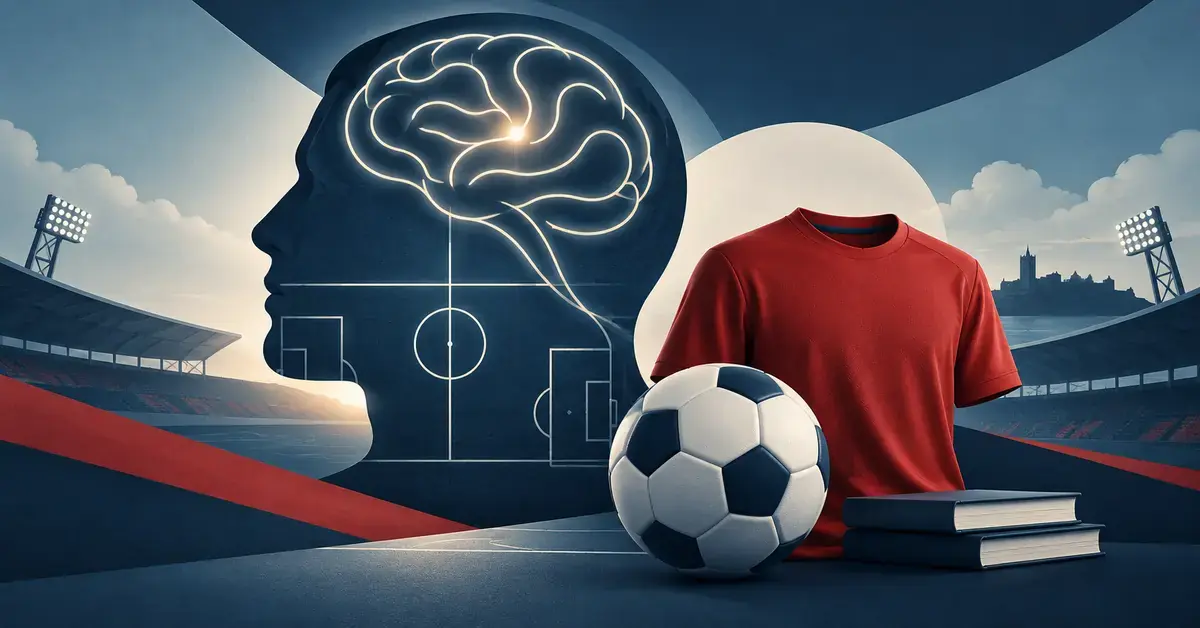 Illustration av en huvudprofil med en stiliserad hjärna, en fotboll och en röd matchtröja som symboliserar mental träning inom fotbollen.