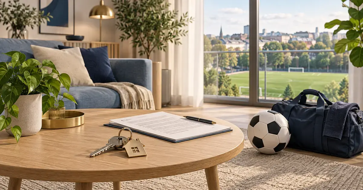 Nycklar och hyresavtal på ett soffbord i en möblerad lägenhet med fotboll, träningsväska och utsikt över en fotbollsplan.