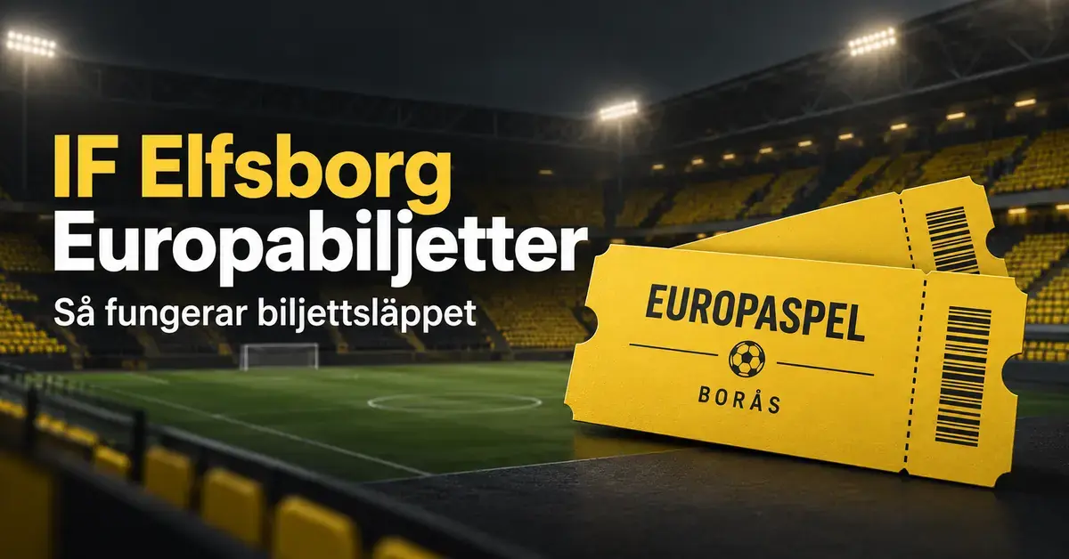 Gula biljetter märkta Europaspel och Borås framför en upplyst fotbollsarena, med texten ”IF Elfsborg Europabiljetter – Så fungerar biljettsläppet”.