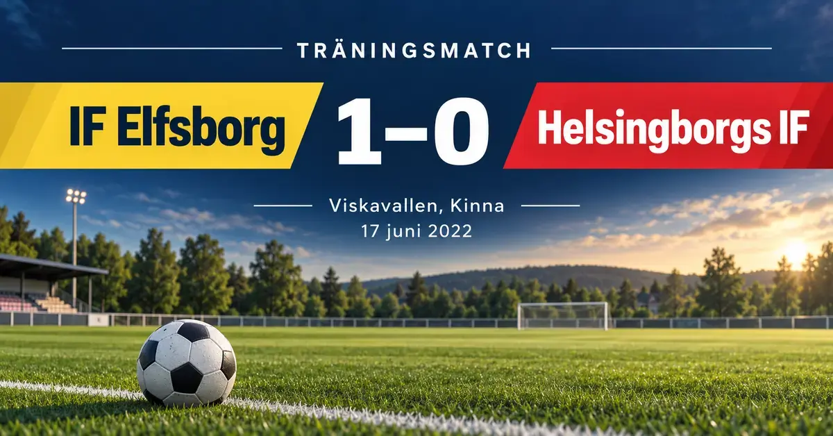 Matchgrafik med en fotboll på en gräsplan och resultatet 1–0 mellan IF Elfsborg och Helsingborgs IF i träningsmatchen på Viskavallen i Kinna den 17 juni 2022.