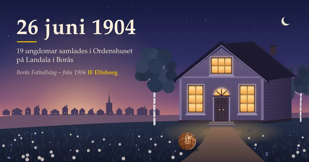 Illustration av ett trähus med gavel på Landalakullen i Borås en ljus sommarnatt, där exakt 19 fönsterrutor lyser varmt gult och en gammal snörad läderboll ligger i gräset bland prästkragar, med texten ”26 juni 1904”, ”19 ungdomar samlades i Ordenshuset på Landala i Borås” och ”Borås Fotbollslag – från 1906 IF Elfsborg”.