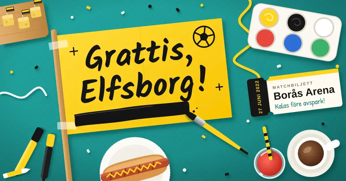 Illustration ovanifrån av ett pysselbord på kalaset där en egenmålad gul flagga med texten ”Grattis, Elfsborg!” får ett svart penseldrag, omgiven av ansiktsfärger, korv med bröd, saft, kaffe, ostbitar med små gulsvarta flaggor och en matchbiljett till Borås Arena.