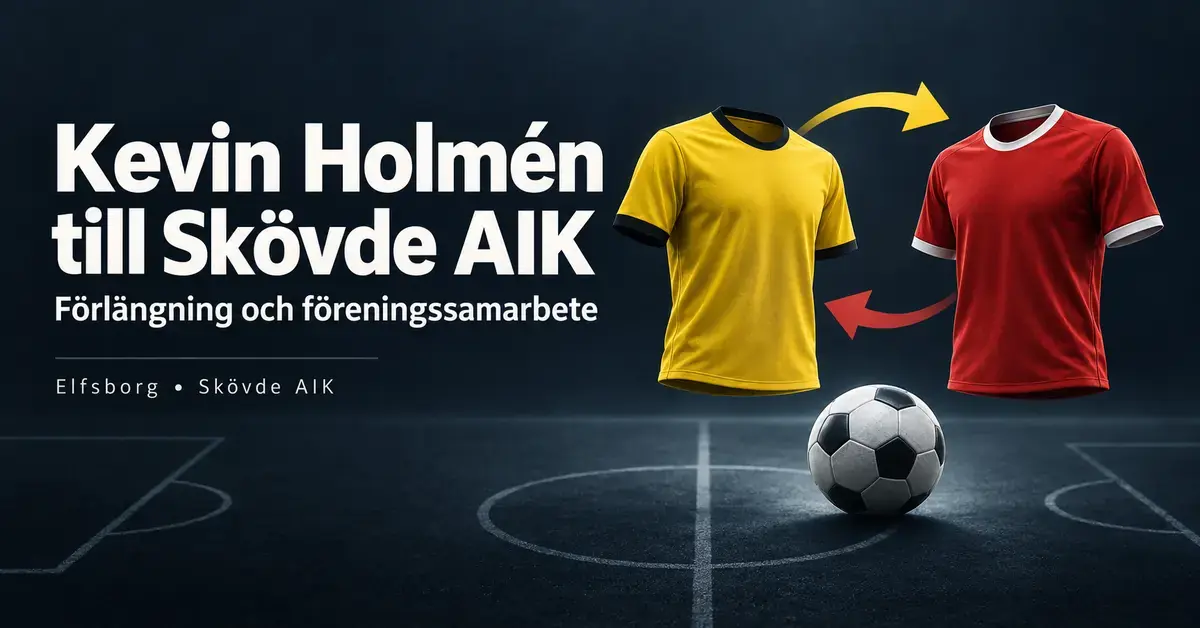 Grafik med en gul och en röd fotbollströja, pilar och en fotboll som illustrerar Kevin Holméns övergång till Skövde AIK genom föreningssamarbetet med Elfsborg.