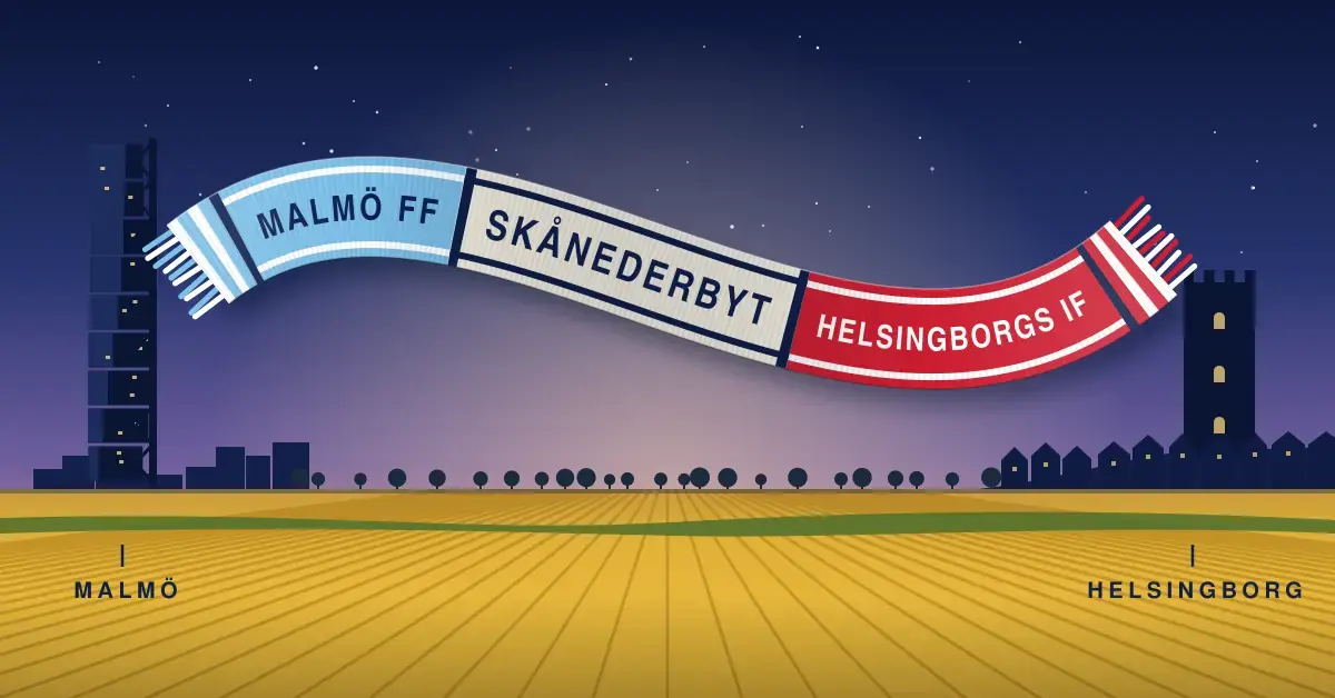 Illustration av en delad supporterhalsduk i himmelsblått och rött med texterna Malmö FF, Skånederbyt och Helsingborgs IF som fladdrar i skymningen över ett gult skånskt rapsfält, mellan en vriden skyskrapa vid Malmö och ett medeltida borgtorn vid Helsingborg.