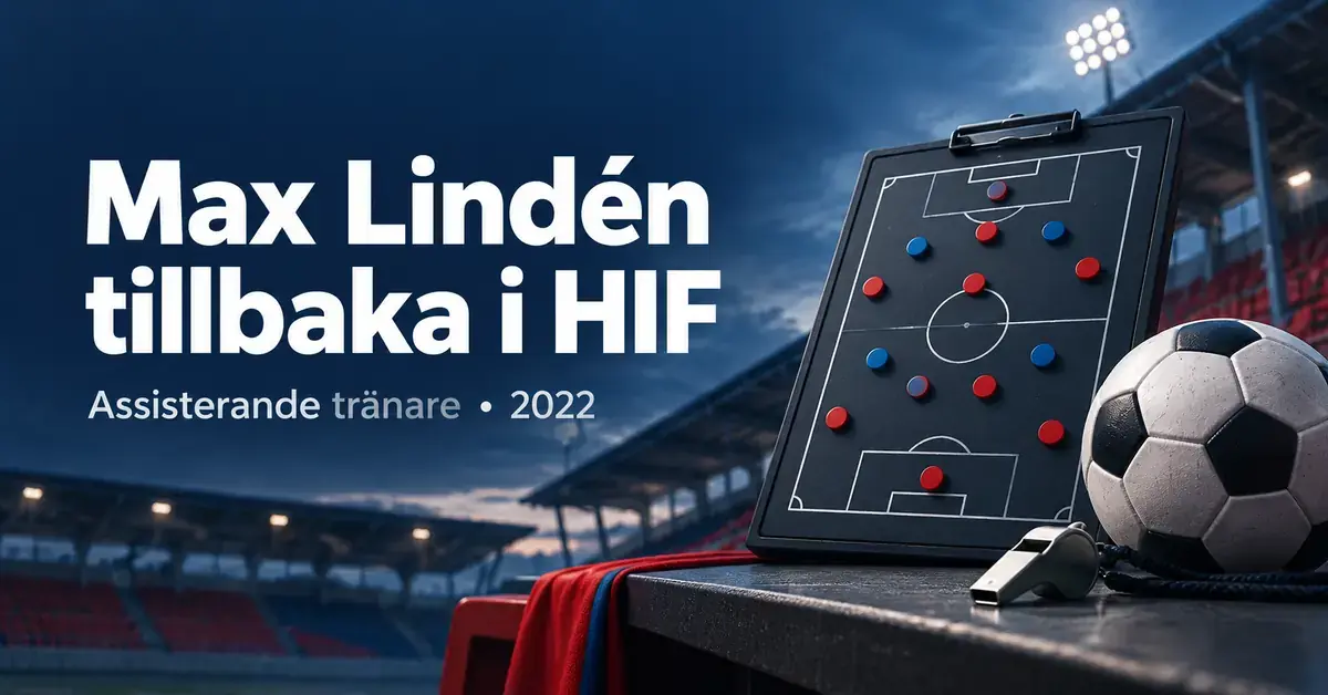 Grafik med texten ”Max Lindén tillbaka i HIF”, en taktiktavla, en fotboll och en visselpipa på en fotbollsarena.