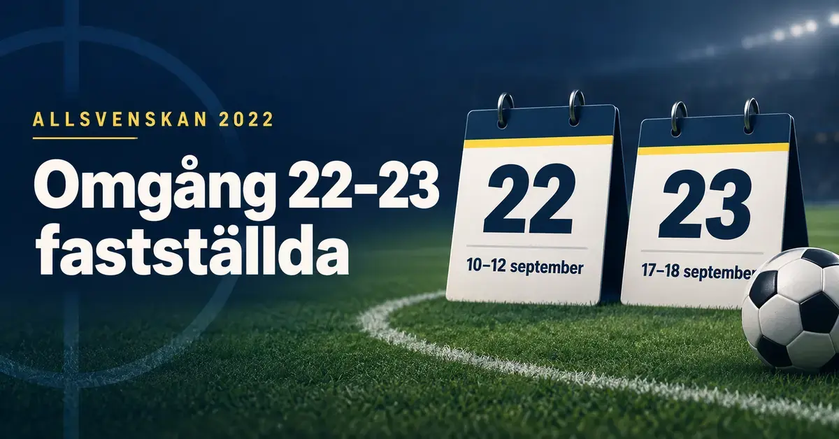 Grafik med en fotboll och två kalenderblad som visar att omgång 22 och 23 i Allsvenskan 2022 spelas den 10–12 respektive 17–18 september.