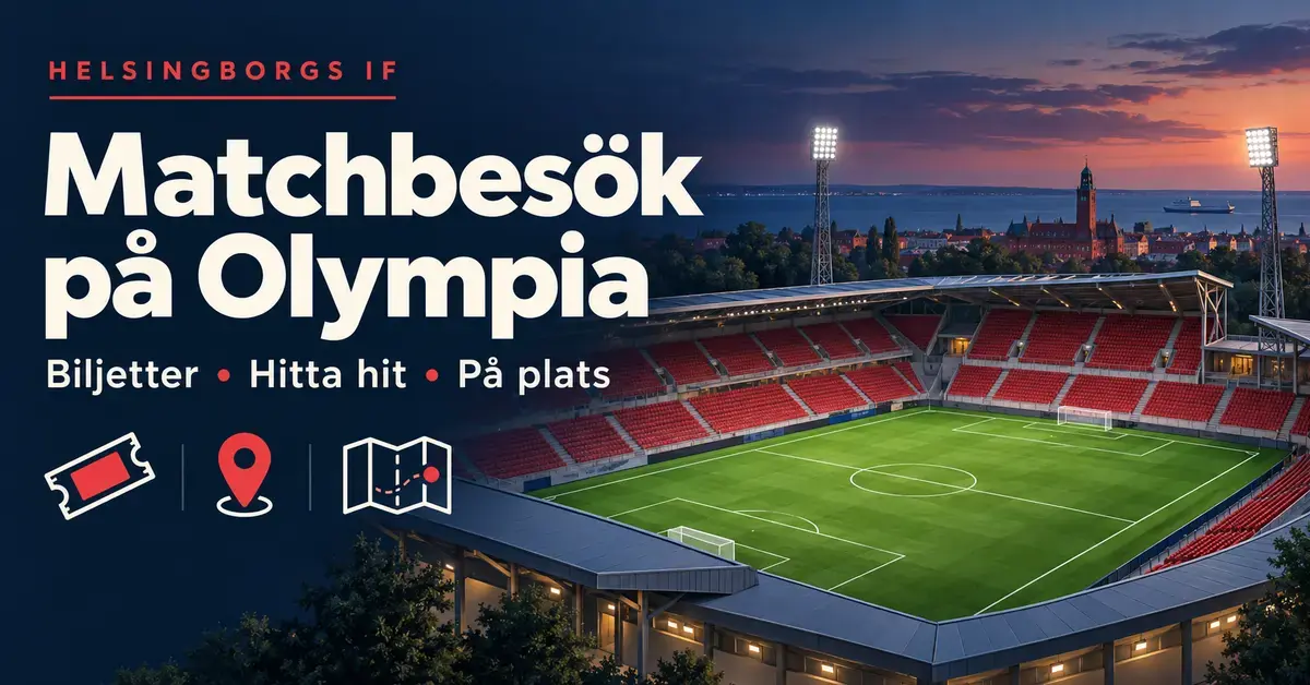 Illustration av en fotbollsarena med röda läktare i skymning och texten ”Matchbesök på Olympia” samt symboler för biljetter, plats och resväg.