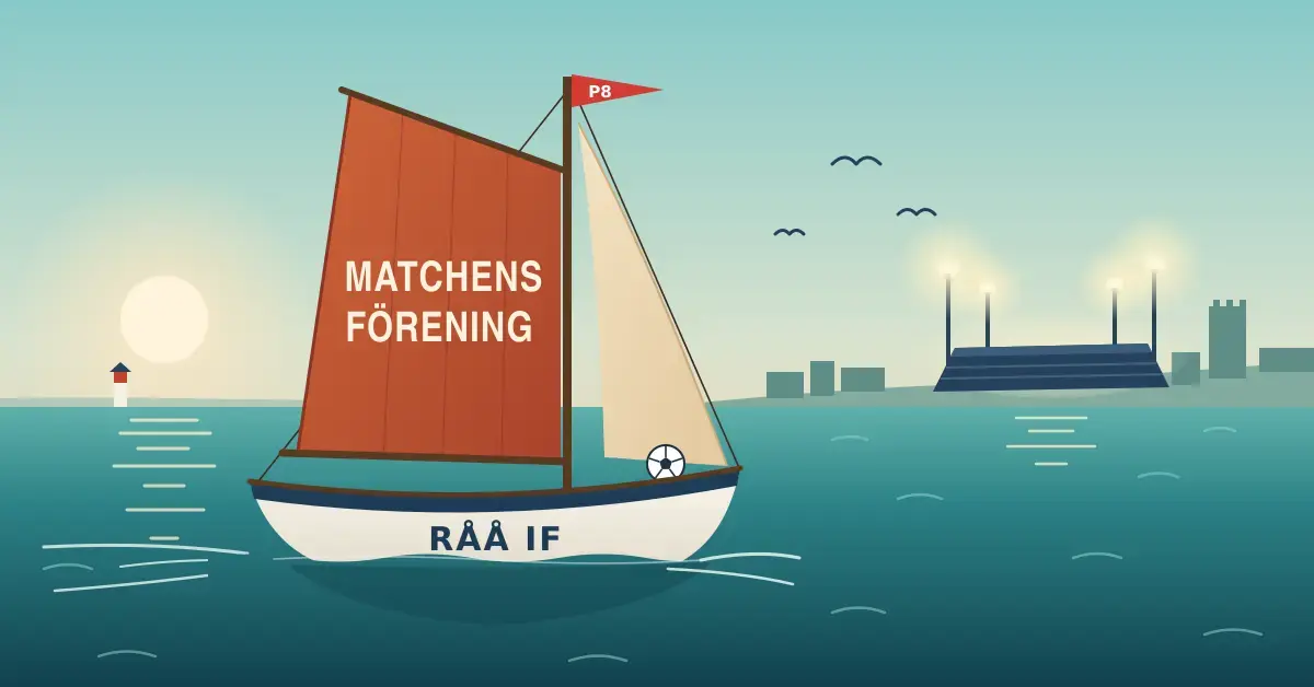Illustration av en liten fiskebåt från Råå med rödbrunt segel med texten ”Matchens förening”, ”RÅÅ IF” på skrovet, en röd vimpel märkt P8 och en fotboll i fören, som seglar över Öresund mot en strålkastarupplyst fotbollsarena på Helsingborgskusten.
