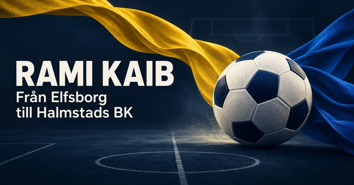 Fotboll med gula och blå tygband mot en mörk fotbollsplan och texten ”Rami Kaib – Från Elfsborg till Halmstads BK”.