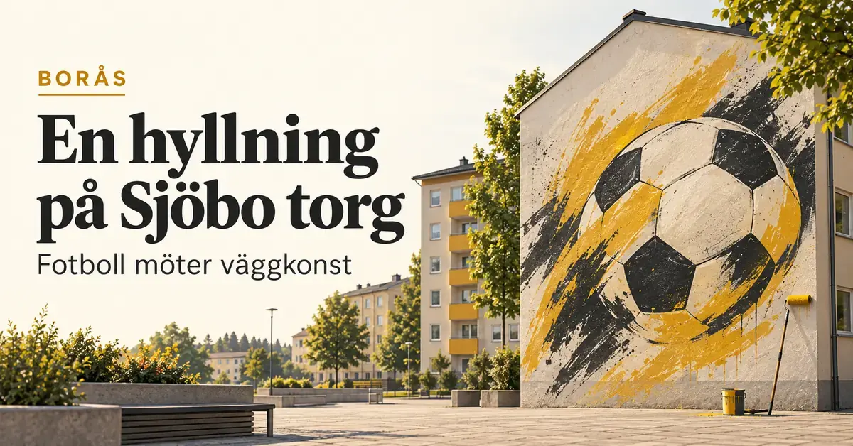 Symbolisk illustration av en fotbollsmural i gult och svart på en husfasad, med texten ”En hyllning på Sjöbo torg – Fotboll möter väggkonst”.