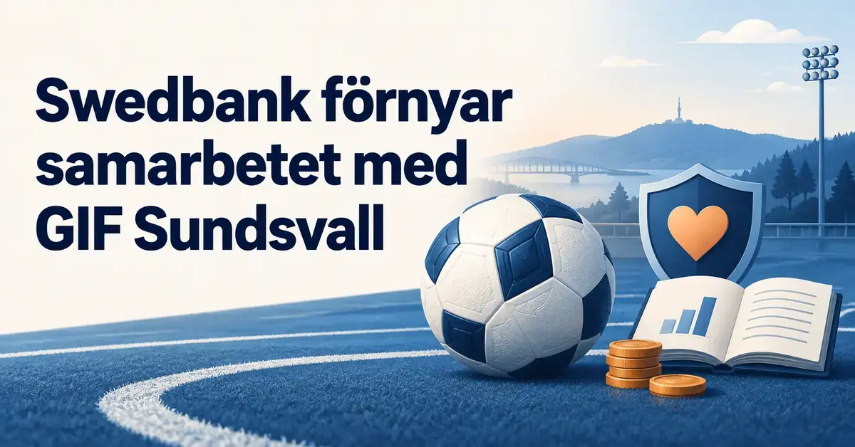 Illustration med rubriken ”Swedbank förnyar samarbetet med GIF Sundsvall”, en fotboll, en sköld med ett hjärta samt en bok och mynt som symboliserar trygghet och ekonomiutbildning.